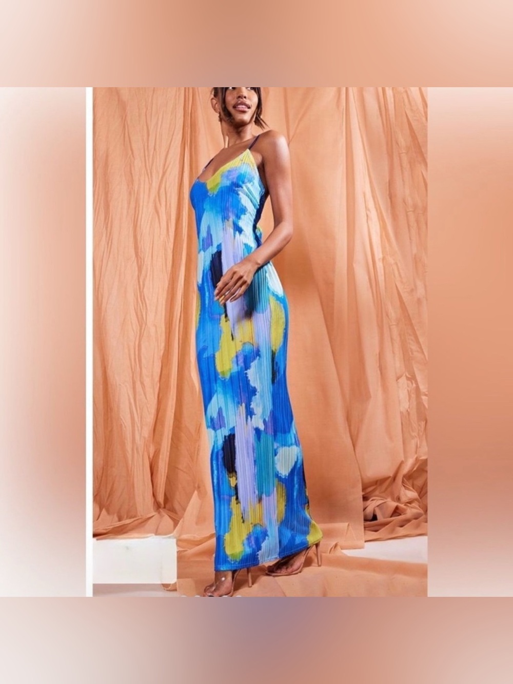 PrettyLittleThing Women’s Blue Abstract Plissé Maxi Dress Size 2 NWT